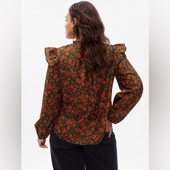 GAP Ruffle Long Sleeve Top in Cornucopia Red & Black Floral - Size XL - Picture 2 of 8